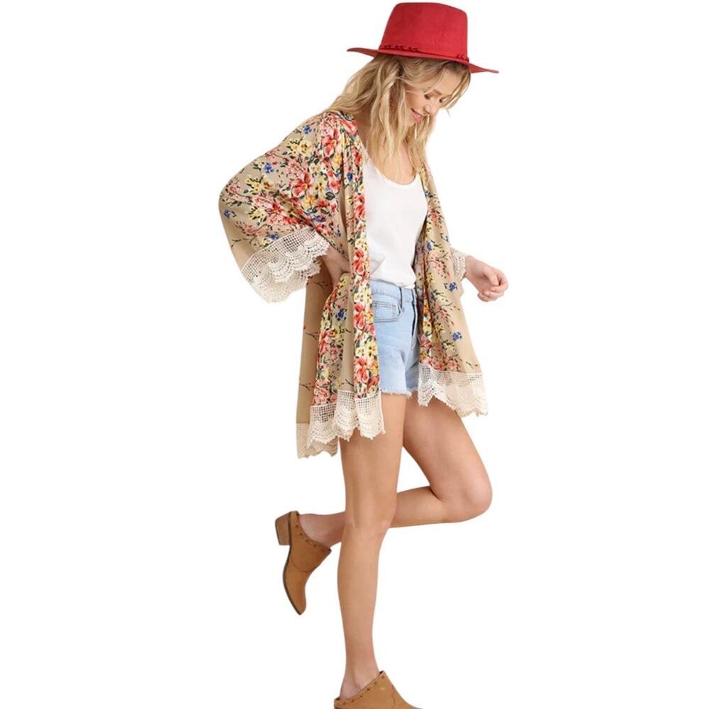 UMGEE Boho Floral Bomb Open Front Lace Duster Kimono Cardigan Size S/M